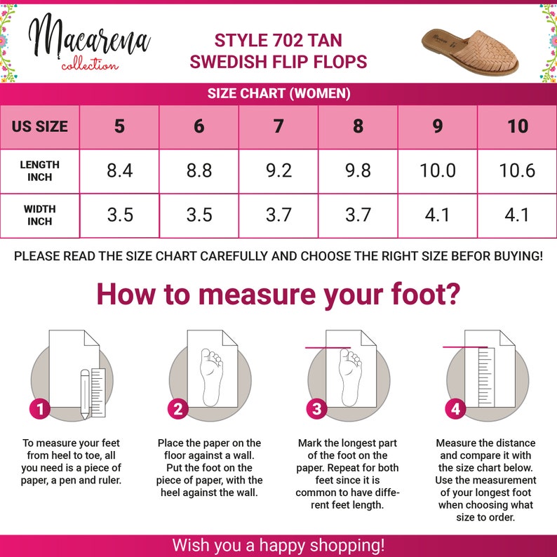 May include: Size chart for tan Swedish flip flops with measurements in inches. The chart shows US sizes 5 through 10 with corresponding length and width measurements. The image also includes instructions on how to measure your foot.