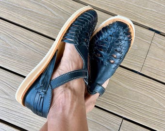 Handmade Leather Huarache Sandals – Black Mexican Boho Shoes