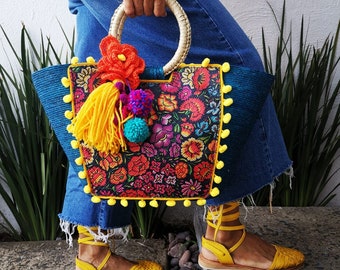 Strawbag Bolso de palma colorido, bolso de palma mexicana, bolso boho hippie hecho a mano, bolso de palma tejido a mano, bolso de paja, bolso redondo de hojas de palma decorado