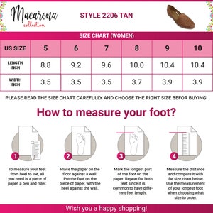 May include: A size chart for women's shoes, showing the length and width in inches for US sizes 5 through 10. The chart also includes instructions on how to measure your foot.
