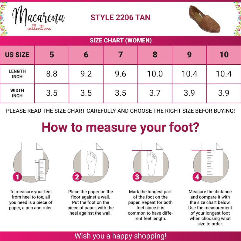 May include: A size chart for women's shoes, showing the length and width in inches for US sizes 5 through 10. The chart also includes instructions on how to measure your foot.