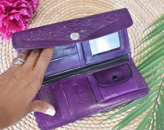 Cartera de cuero Bolso Flores Bordadas Hechas a Mano Monedero Chiapas