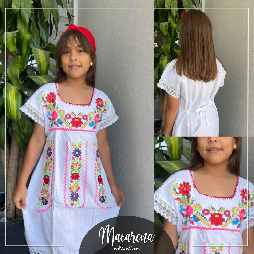 Girl Mexican Dress Traditional Mexican Flowered Dress for Little Girls