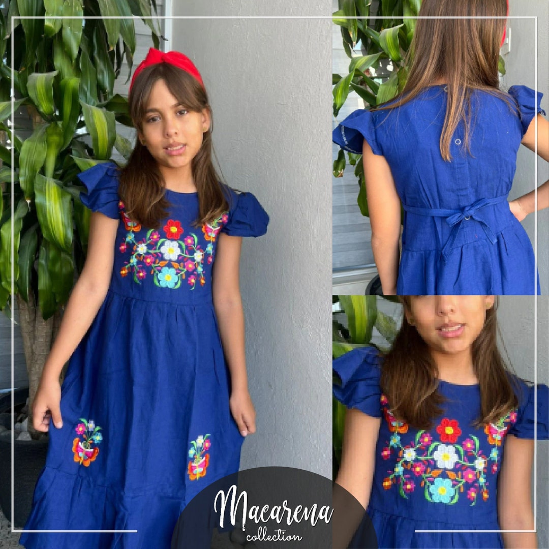 Girl Mexican Dress Traditional Mexican Flowered Dress for Little Girls