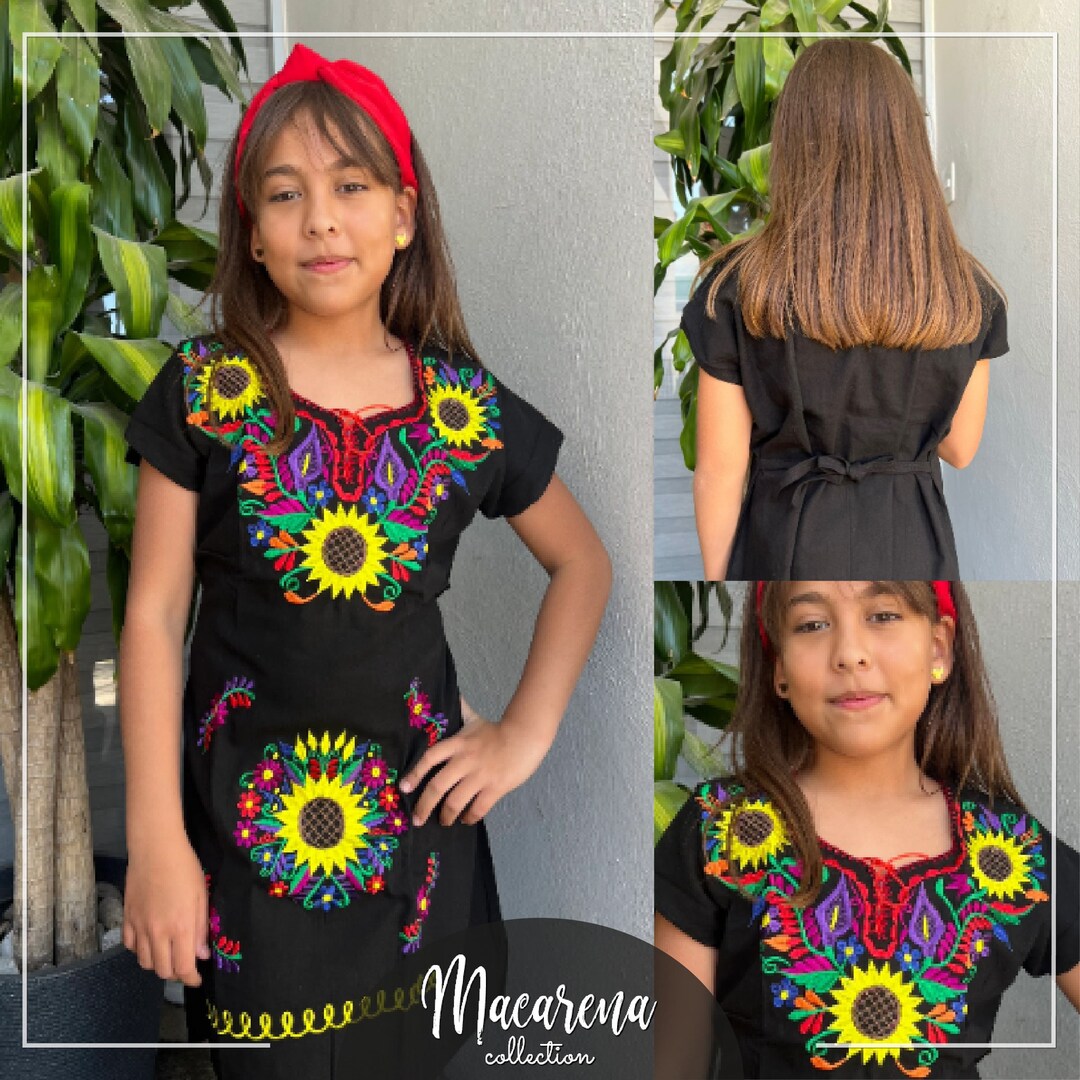 Girl Mexican Dress Traditional Mexican Flowered Dress for Little Girls