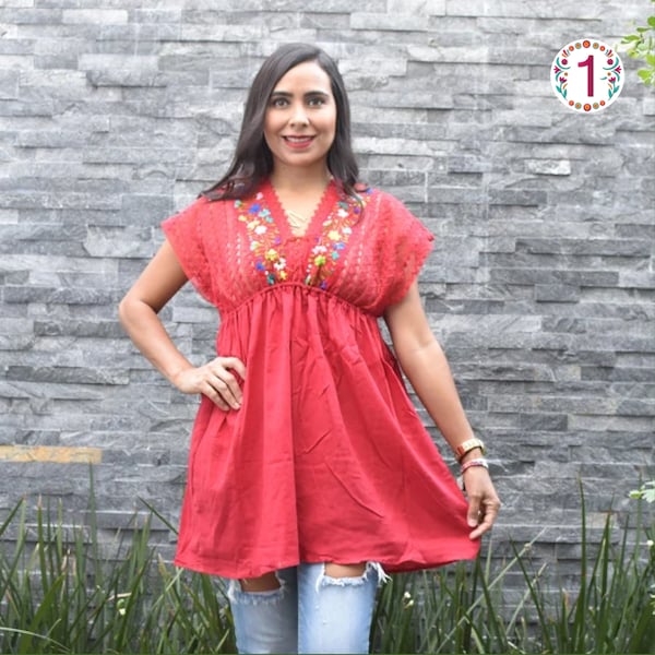 Blusa Huipil bordada con flores hecha a mano, camisa étnica mexicana