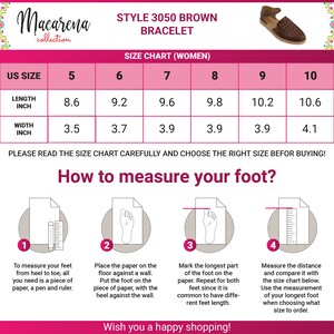 May include: A women's bracelet size chart with measurements in inches. The chart shows US sizes 5 to 10, with length and width dimensions. Instructions on how to measure your foot are also provided, with measurements in inches.