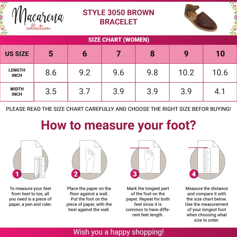 May include: A women's bracelet size chart with measurements in inches. The chart shows US sizes 5 to 10, with length and width dimensions. Instructions on how to measure your foot are also provided, with measurements in inches.