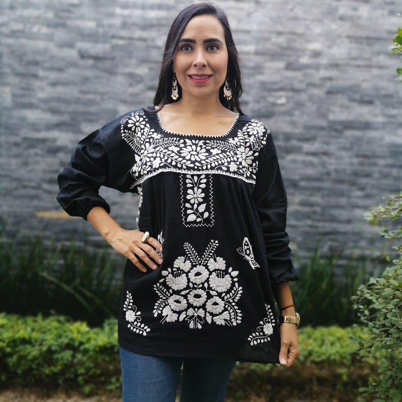 Black Huipil Blouse Long sleeve~ Telar Shirt ~ Mexican Shirt ~ Ethnic Floral Shirt ~ Womens Shirt ~ Embroidered Shirt ~ Handmade Shirt