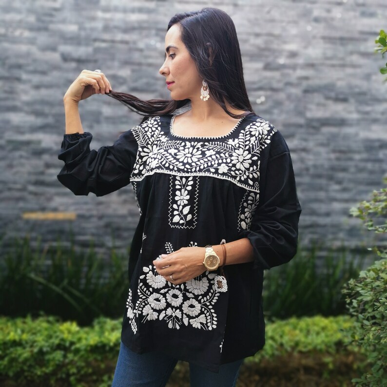 Black Huipil Blouse Long sleeve~ Telar Shirt ~ Mexican Shirt ~ Ethnic Floral Shirt ~ Womens Shirt ~ Embroidered Shirt ~ Handmade Shirt