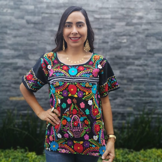Black Huipil Chiapas Blouse Flower 