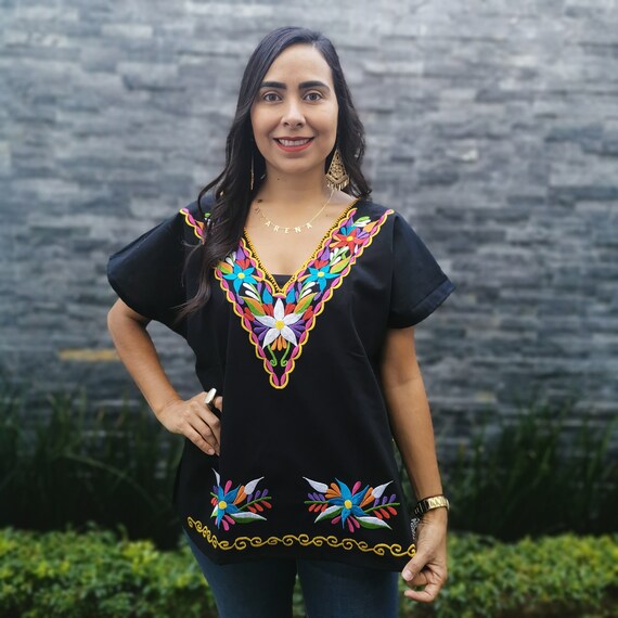 Black Huipil Chiapas Blouse Flower 