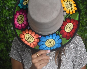 Flower Embroidered Hat ~  Mexican Artisan Hat ~ Womens Hat ~ Hand Embroidered ~ Traditional Mexican Hat ~ Embroidered hat ~ Hat Mexican