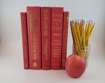 5 Vintage Hardcover Red Books - Vintage School Decor - Christmas Decorating - Red Books By Color - Bookstack - Bookcase Bookshelf Styling
