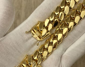 Braccialetti Miami Cuban Link da 15 mm (6"), fatti a mano, placcati in vero oro 14k (placcati cinque volte)