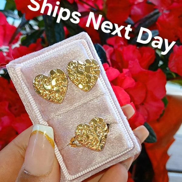 10k  Gold layered Nugget Heart Love Ring for Women/Girl Gold Layered Heart ring for women and earrings nugget style set. Valentines gift