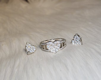 White Gold Plated Heart Earring and Ring Set for Women