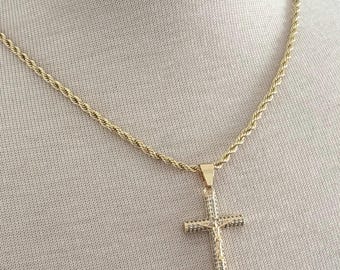 14k EP Cross Pendant with Rope chain, Icy Cross crucifix ,necklace for men/women