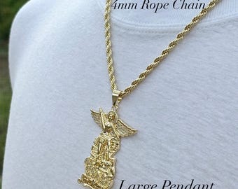 4mm Rope chain with Large San Miguel pendant for men(Gold Plated)