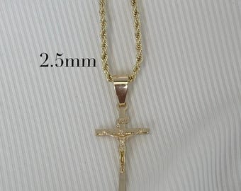 cross necklace With 2.5mm 22” Rope chain Small cross rope chain, with crucifix religious charm(Gold Plated)