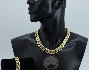 Conjunto de cadena y pulsera de eslabones cubanos de Miami, 20 mm (20"), hecho a mano, chapado en oro auténtico de 14 k, collar pesado (cinco veces chapado)