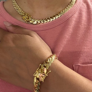 Zestaw łańcuszka i bransoletki Miami Cuban Link, ręcznie robiony naszyjnik z prawdziwego złota 14-karatowego o grubości 10 mm (pięciokrotnie platerowany)