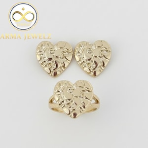 14k EP Gold Plated Heart Nugget Ring and Earrings Set, Adjustable