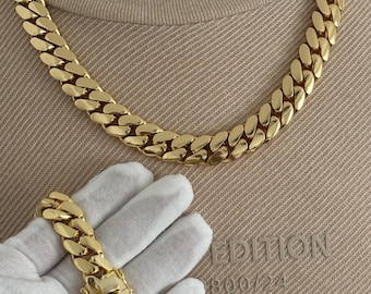 Miami Cuban Link Chain and Bracelet Set, Handmade Real 14k Gold Plated 15mm, 18mm, 20mm, 22mm, Set Heavy Necklace (Five Times Plated)