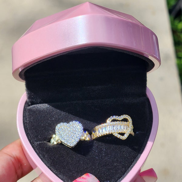 Free ring Led Box with two gold rings heart rings Women's heart promise ring 10k Gold layered Heart and adjustable gold  CZ Presidential