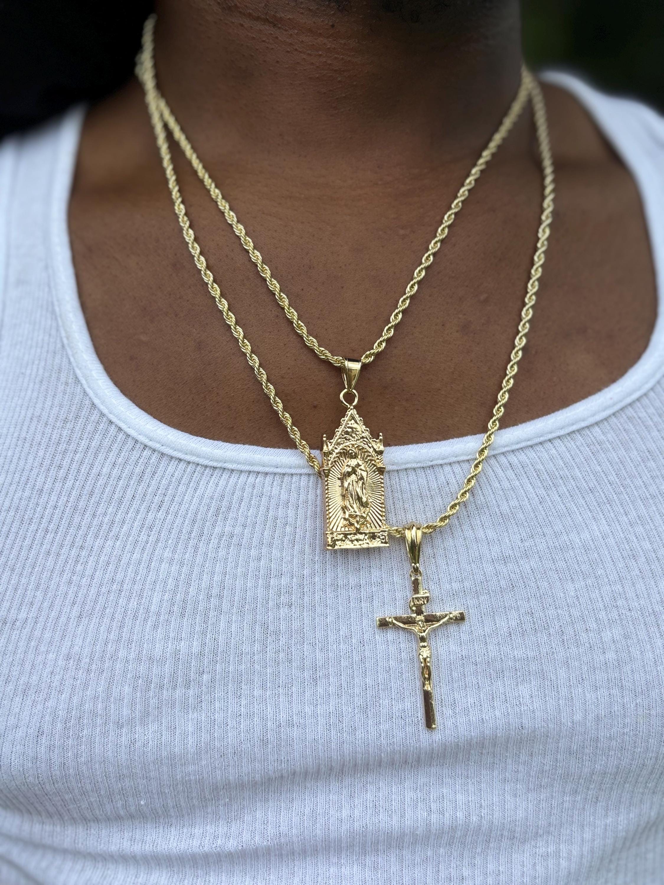 Men’s Saint Mary Medium Size Cross, Rope Chain Layered Necklace ...