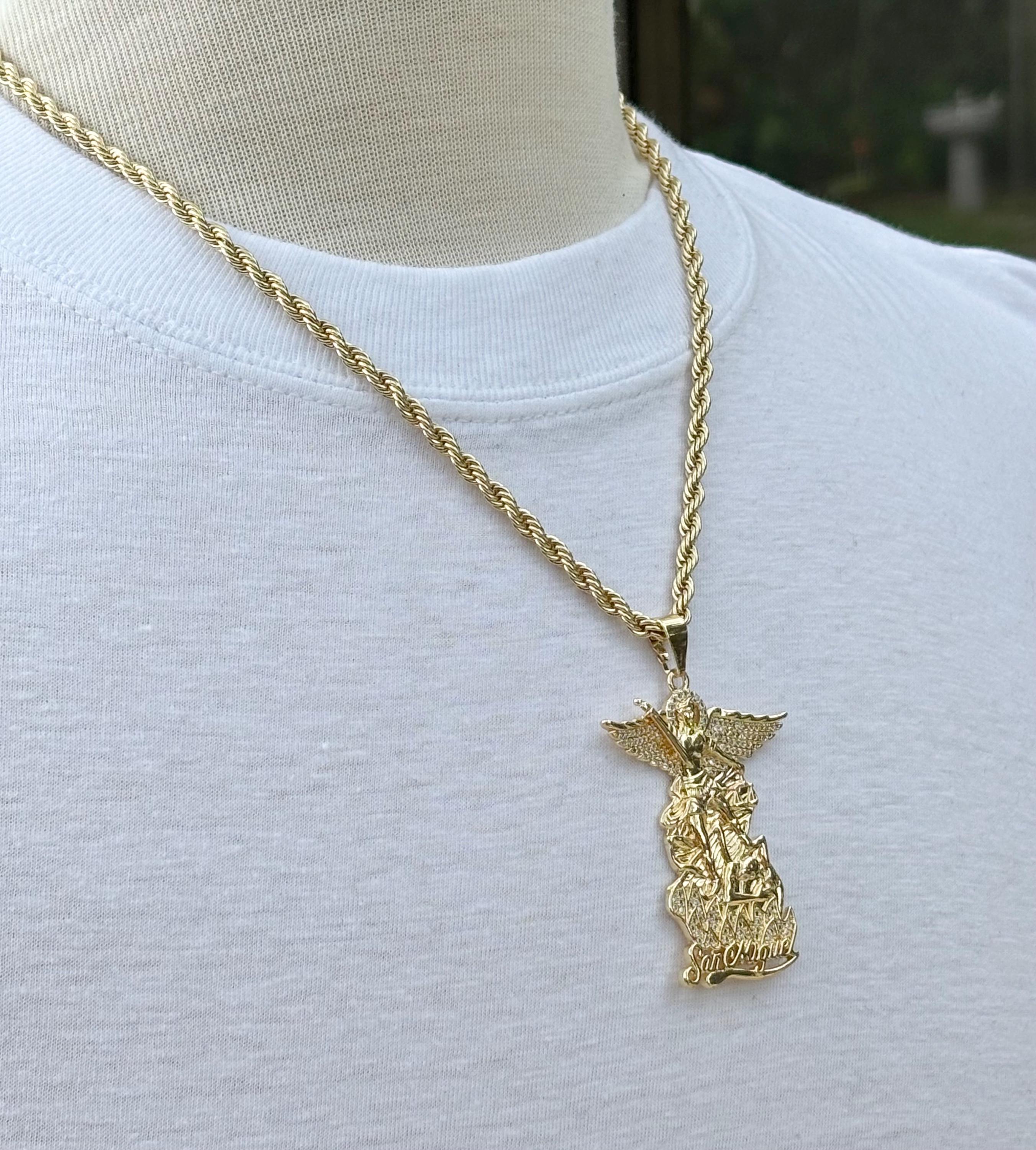 4mm Rope Chain With Large San Miguel Pendant for Men(gold Plated