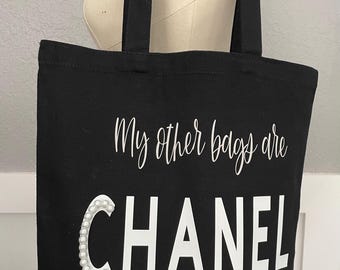 Black Canvas Tote Bag with Faux Pearl Embellished Logo (13" x 13")