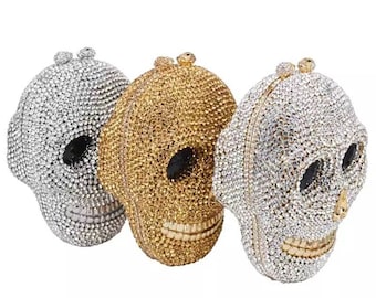 Bolso de mano de lujo con diseño de calavera y cristales brillantes y brillantes, para ocasiones especiales y Halloween