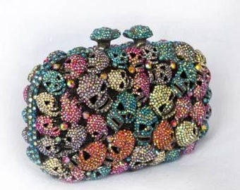 Rhinestone cristal multicolor cráneo noche bolso bolso bolso azúcar cráneo bling esqueleto gótico halloween
