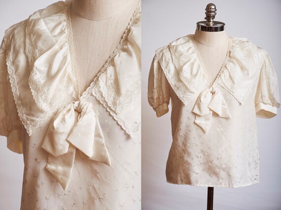 Vintage 70s 80s silk blouse victorian ivory white