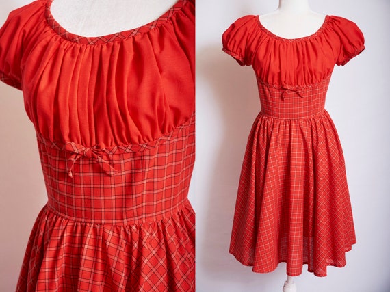 Vintage 50s red pinup dress sundress plaid gathere