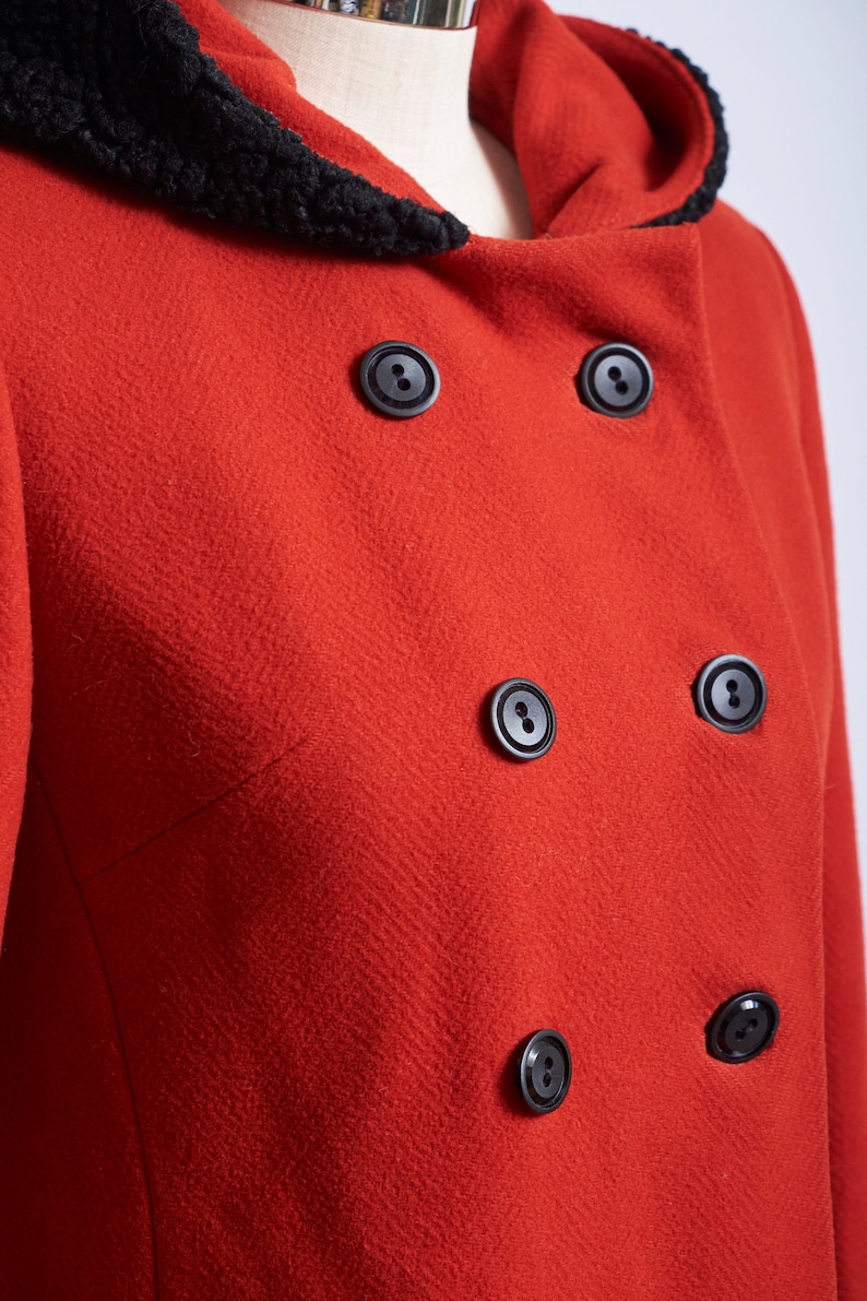 Vintage 60s red wool coat holiday winter hooded double breasted faux fur black trim long heavy wool 1960s mod red wool overcoat coat jacket