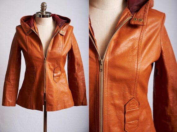 Vintage 70s orange leather jacket mod hooded zip u