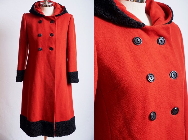 Vintage 60s red wool coat holiday winter hooded double breasted faux fur black trim long heavy wool 1960s mod red wool overcoat coat jacket
