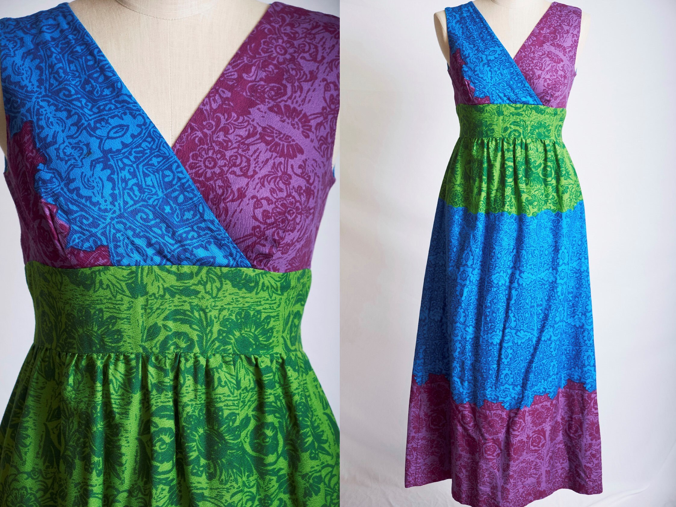 Vintage 60s 70s hawaiian dress multi color block empire waist | Etsy