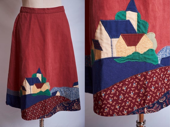 Vintage 70s wrap skirt applique patchwork skirt sc