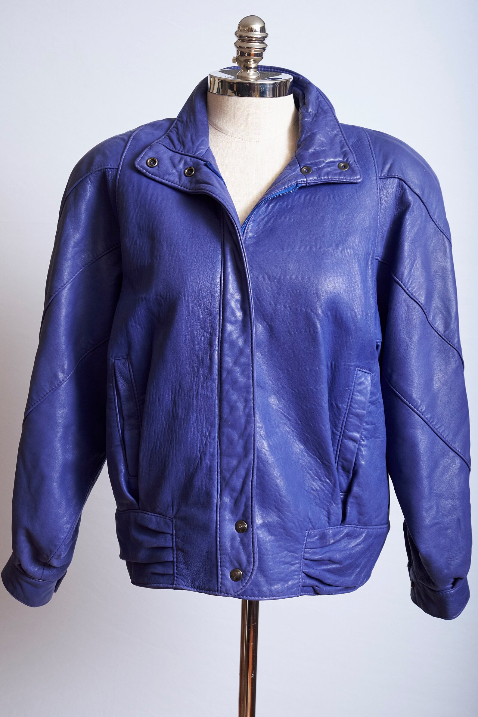 Vintage 80s blue leather bomber jacket oversized long sleeve | Etsy
