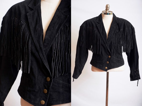 Vintage 80s black suede leather fringe jacket west