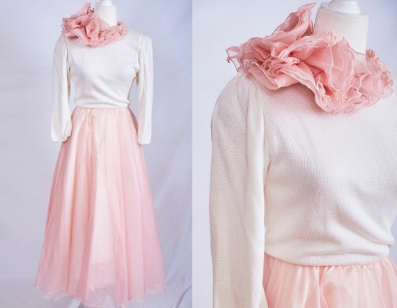 Vintage 70s 80s pretty in pink dress ruffle abstra