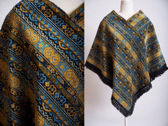 Vintage 60s 70s poncho bohemian tapestry carpet wo