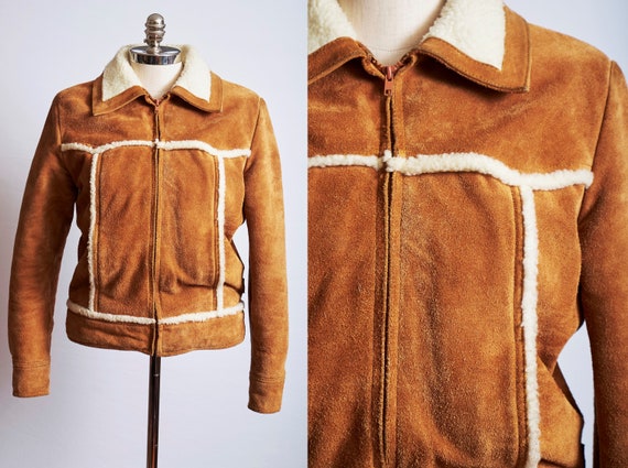 Vintage 70s 80s suede leather jacket coat sherpa w