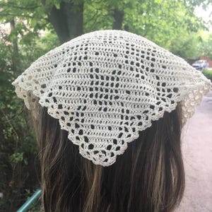 Handmade Crochet Hair Scarf for Women, Vintage Lace Head Kerchief, Boho Triangle Headwrap, Lightweight Cotton Bandana, Cottagecore Headcover