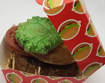 Chocolate burger pretend funny food/fake food/joke/prank/novelty chocolate/mac burger/Belgian chocolate/present/gift/birthday/kids/yummy