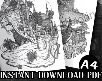 Coloring Pages PDF + JPG - Japanese, Chinese, Oriental, Arab, Landscape, Peaceful - Eastern Warriors