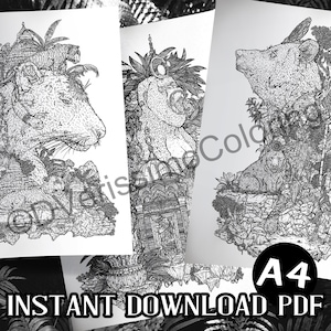 Coloring Pages PDF + JPG - Gorila, Animals, Tiger, Cat, Bear, Wild, Nature, Wilderness - In the Land of the Sun